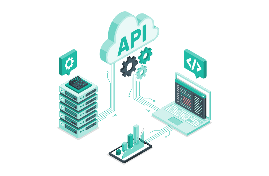 API-Cloud verbindet Server, Anwendung und Analyse-Dashboard; Zahnräder und Datenleitungen symbolisieren externe Schnittstellen und technische Abhängigkeiten.