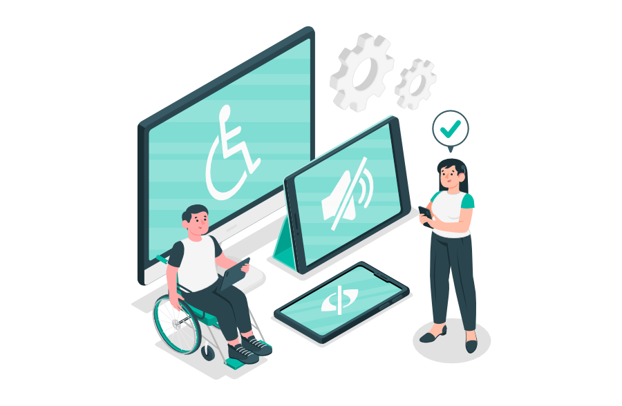 Illustration zeigt barrierefreies UX-Design mit Symbolen für Rollstuhl, Lautstärkestummschaltung und Sehhilfe; eine Person im Rollstuhl und eine stehende Person prüfen die Zugänglichkeit.