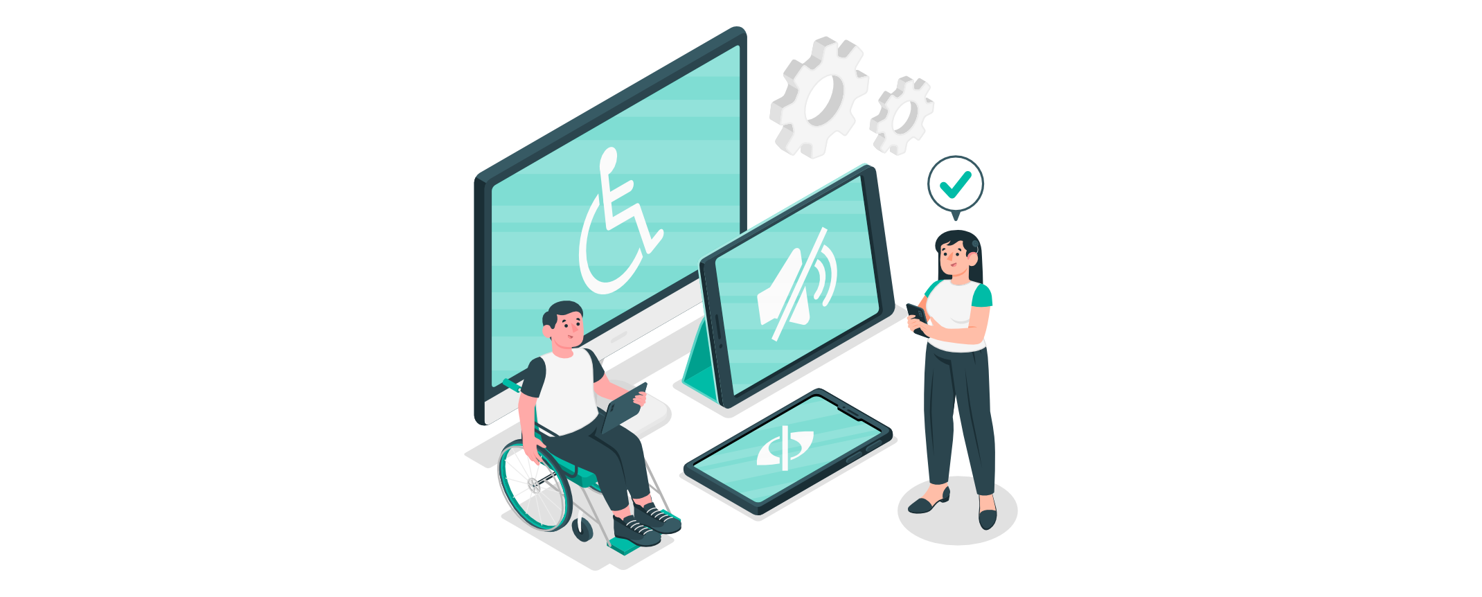 Illustration zeigt barrierefreies UX-Design mit Symbolen für Rollstuhl, Lautstärkestummschaltung und Sehhilfe; eine Person im Rollstuhl und eine stehende Person prüfen die Zugänglichkeit.