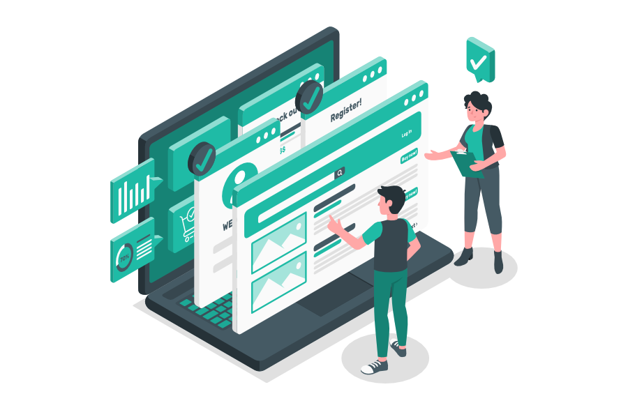 Zwei Personen prüfen externe Website-Elemente wie Login, Registrierung und Shop auf Barrierefreiheit; Häkchen markieren erfolgreich geprüfte Drittanbieter-Tools.
