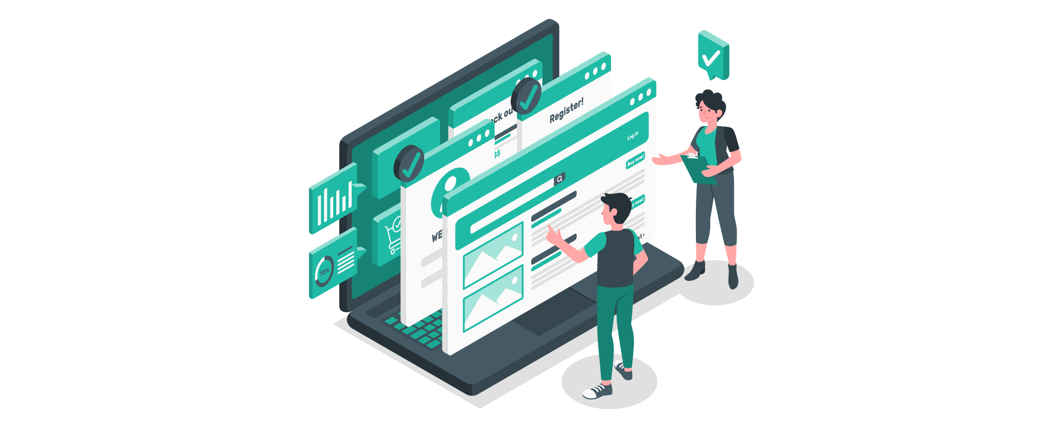 Zwei Personen prüfen externe Website-Elemente wie Login, Registrierung und Shop auf Barrierefreiheit; Häkchen markieren erfolgreich geprüfte Drittanbieter-Tools.