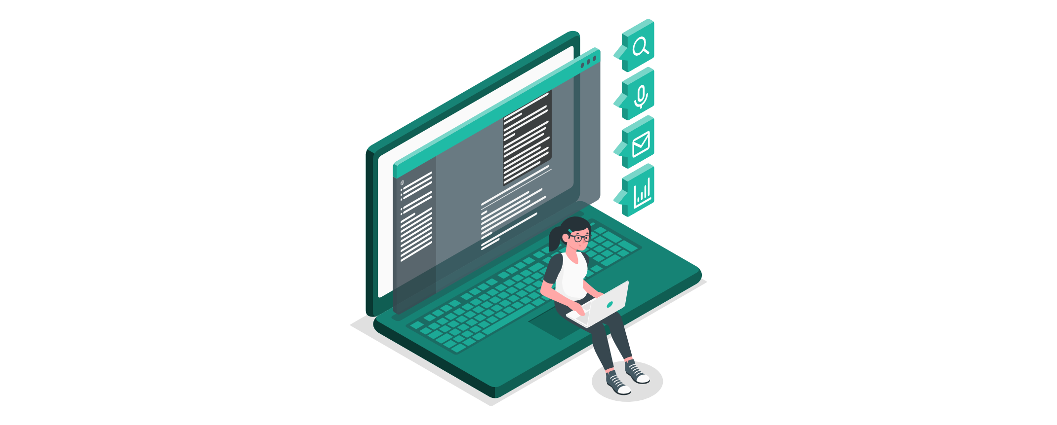 Frau sitzt mit Laptop auf einer riesigen Tastatur, auf dem Bildschirm ist ChatGPT-5 geöffnet; daneben Symbole für Suche, Spracheingabe, E-Mail und Datenanalyse.