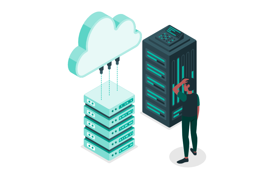 Person steht nachdenklich zwischen einem Server und einer Cloud, die über Kabel miteinander verbunden sind, und symbolisiert die Wahl zwischen Cloud- und On-Premise-Lösungen.