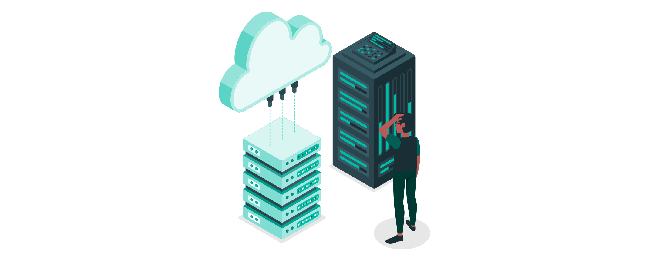 Person steht nachdenklich zwischen einem Server und einer Cloud, die über Kabel miteinander verbunden sind, und symbolisiert die Wahl zwischen Cloud- und On-Premise-Lösungen.