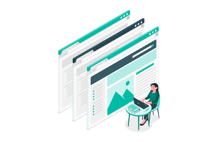 Mehrere überlappende Webseitenfenster mit Layouts und Bildern. Eine Person sitzt am Tisch mit Laptop und erstellt Inhalte oder strukturiert Webseitenelemente.