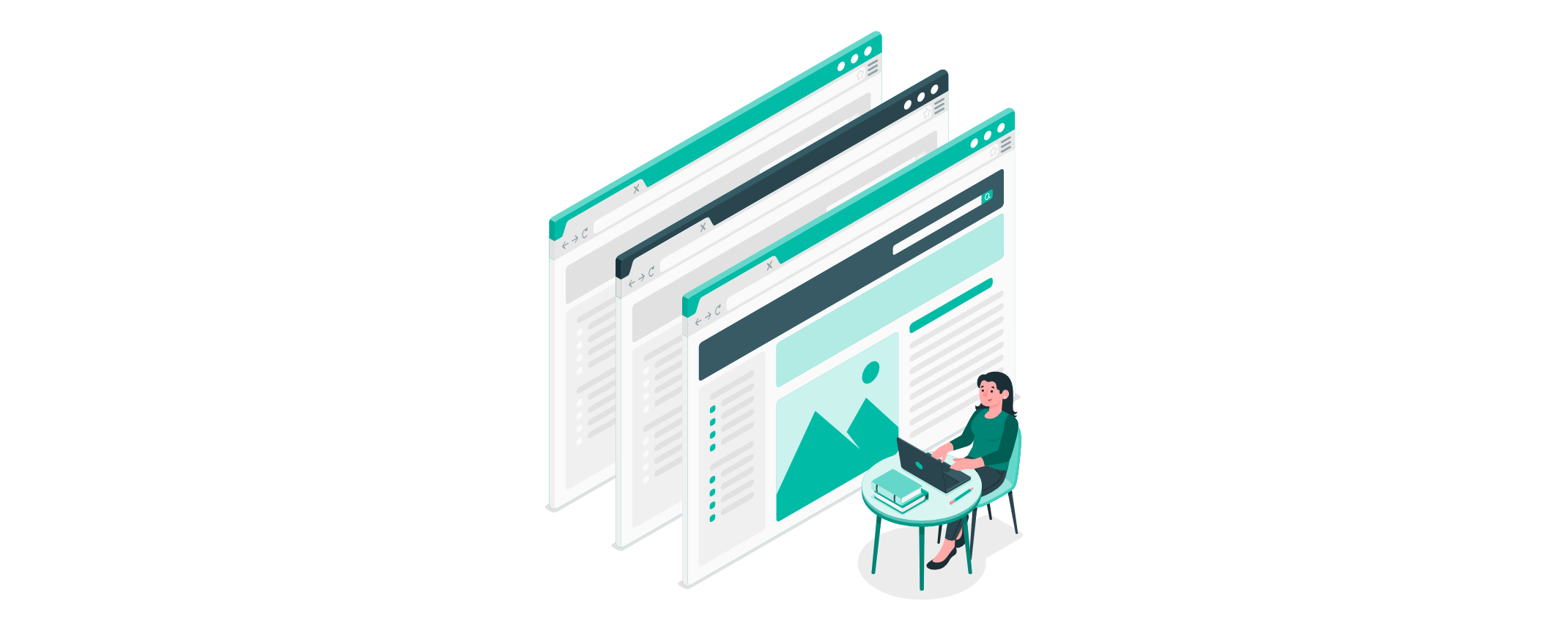 Mehrere überlappende Webseitenfenster mit Layouts und Bildern. Eine Person sitzt am Tisch mit Laptop und erstellt Inhalte oder strukturiert Webseitenelemente.