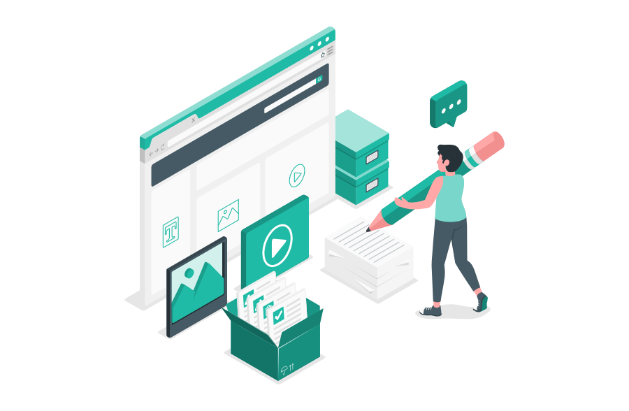 Person prüft und sortiert Texte, Bilder, Videos und Dokumente einer Website – Darstellung eines Content-Audits zur Vorbereitung eines Website-Relaunchs.