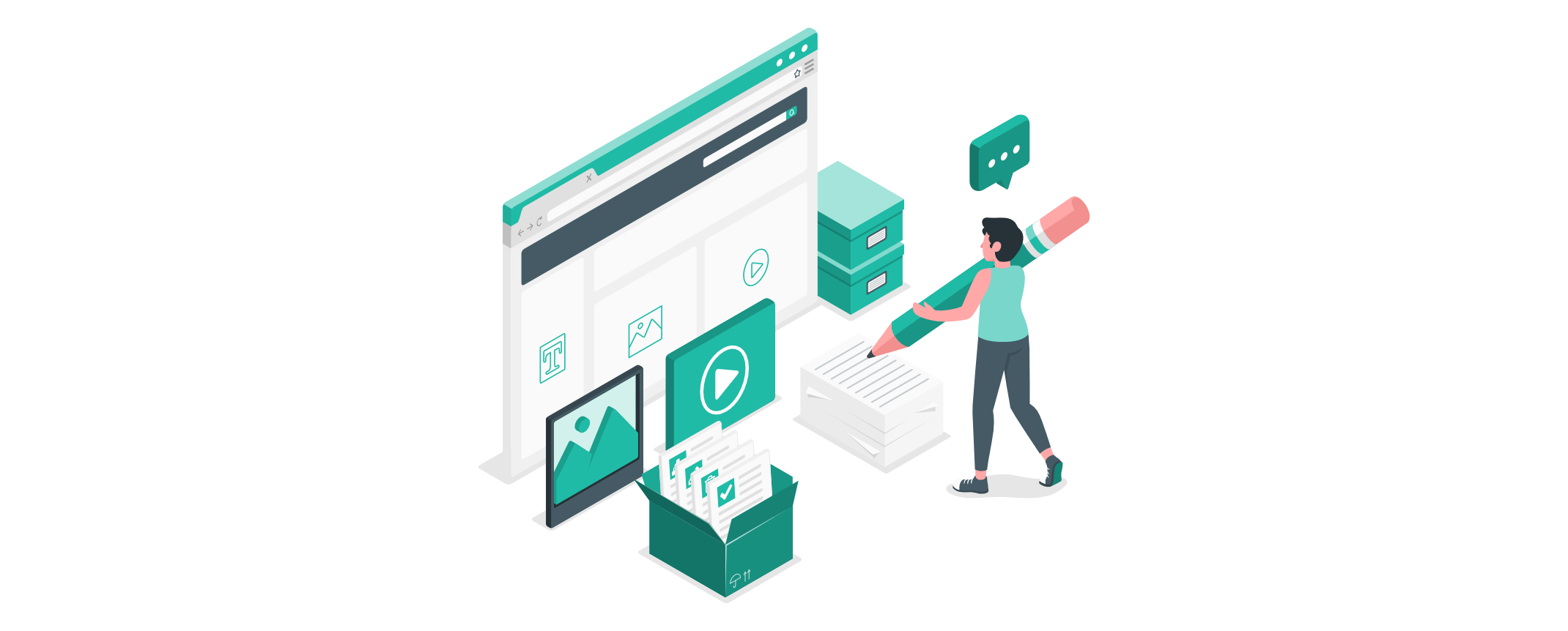 Person prüft und sortiert Texte, Bilder, Videos und Dokumente einer Website – Darstellung eines Content-Audits zur Vorbereitung eines Website-Relaunchs.
