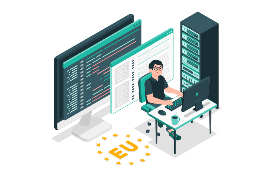 Entwickler arbeitet vor Monitoren mit Code und Serverrack; das EU-Symbol verweist auf den Cyber Resilience Act und neue Anforderungen an IT-Sicherheit und Softwareentwicklung.