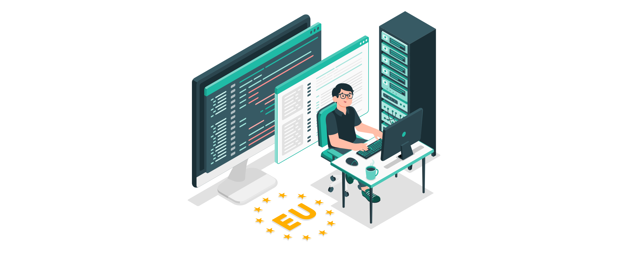 Entwickler arbeitet vor Monitoren mit Code und Serverrack; das EU-Symbol verweist auf den Cyber Resilience Act und neue Anforderungen an IT-Sicherheit und Softwareentwicklung.