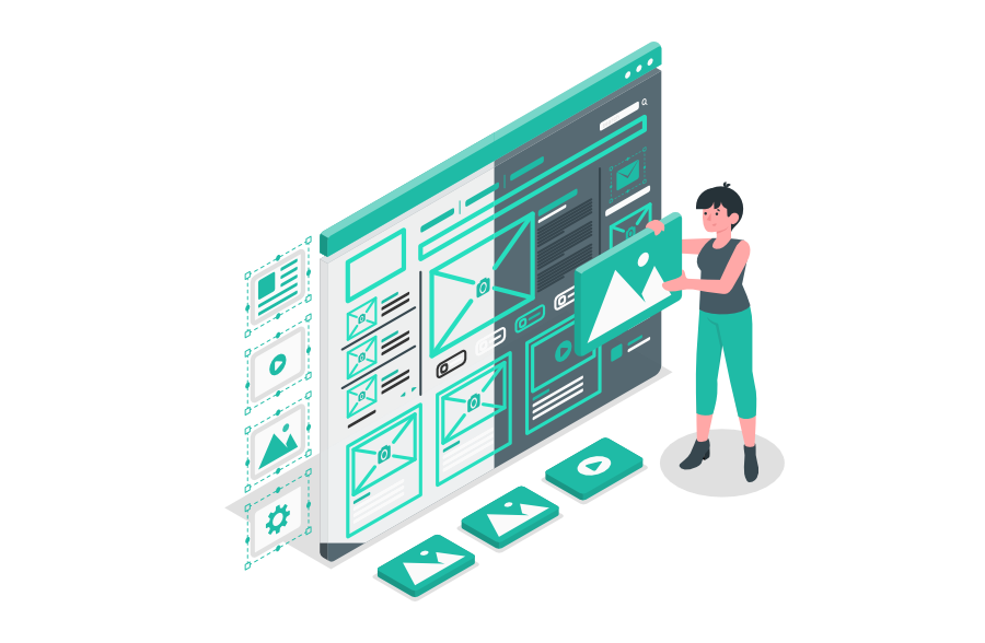 Person platziert ein Bild in ein großes Webseiten-Layout auf einem Bildschirm, der verschiedene Design-Elemente wie Texte, Bilder und Symbole im Wireframe-Stil zeigt.