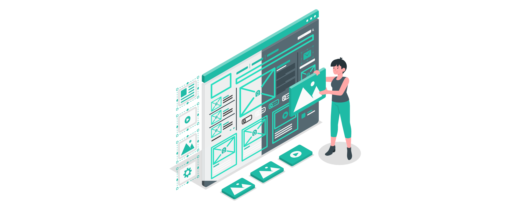 Person platziert ein Bild in ein großes Webseiten-Layout auf einem Bildschirm, der verschiedene Design-Elemente wie Texte, Bilder und Symbole im Wireframe-Stil zeigt.