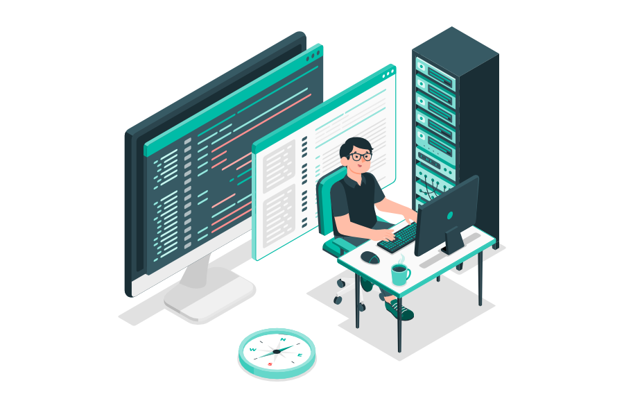 Alt-Text: Entwickler arbeitet am Computer vor Server und mehreren Monitoren mit Code und Datenübersicht, daneben liegt ein Kompass – Symbol für Data Governance und strategische Datennutzung.