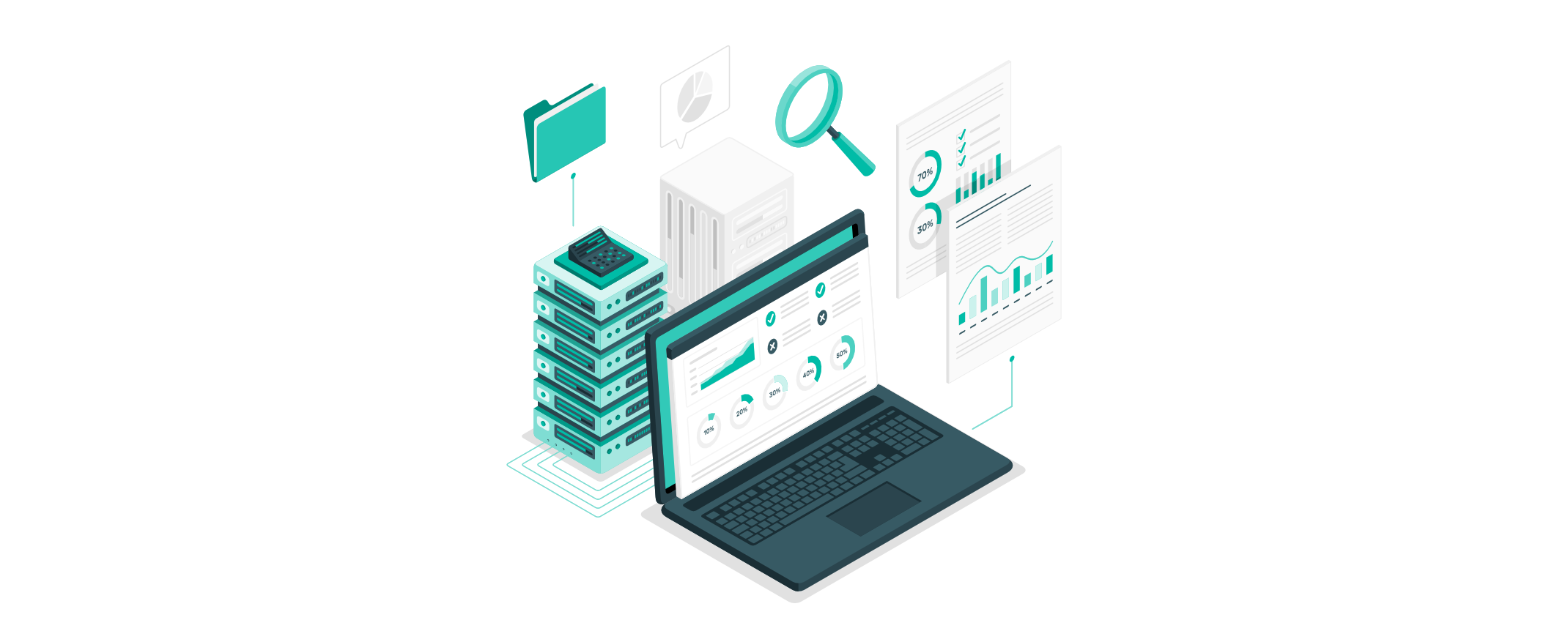 Laptop mit Analyse-Dashboard, umgeben von Servern, Diagrammen und Symbolen wie einer Lupe, die den Datenfluss und die Datenanalyse in einem Data-Warehouse visualisieren.