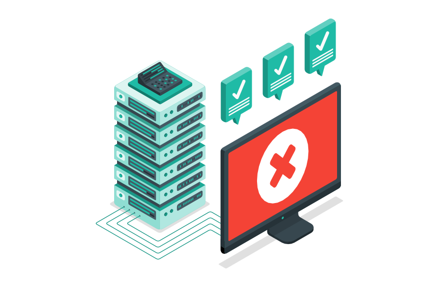 Illustration mit Server-Stack und Monitor. Der Server zeigt grüne Häkchen für erfolgreiche Backups, während der Bildschirm ein rotes X für einen Fehler anzeigt.