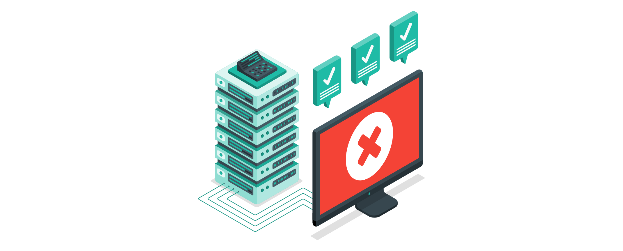 Illustration mit Server-Stack und Monitor. Der Server zeigt grüne Häkchen für erfolgreiche Backups, während der Bildschirm ein rotes X für einen Fehler anzeigt.
