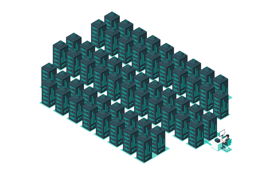 Große Anzahl von Servern, die eine verteilte Datenbankstruktur symbolisieren, mit einem kleinen Schreibtisch und Computer in der Ecke, stellvertretend für Datenbank-Sharding.