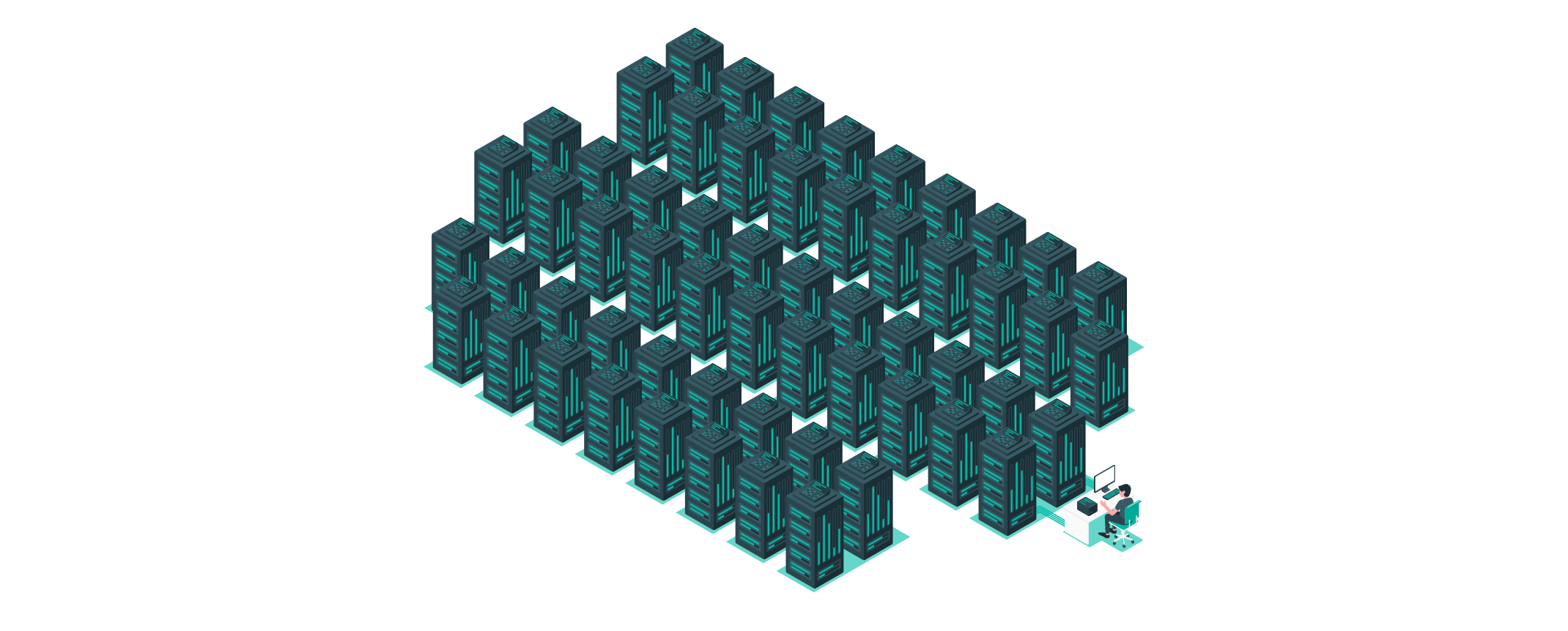 Große Anzahl von Servern, die eine verteilte Datenbankstruktur symbolisieren, mit einem kleinen Schreibtisch und Computer in der Ecke, stellvertretend für Datenbank-Sharding.