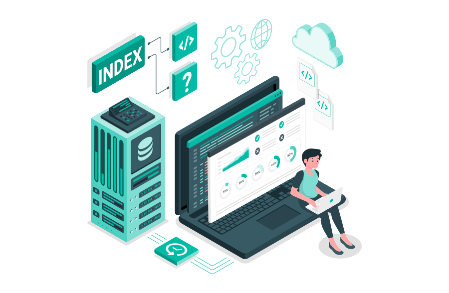 Person sitzt mit Laptop vor einem großen Monitor und Server, umgeben von Symbolen für Index, Cloud, Code und Zahnräder, während auf dem Bildschirm Datenanalyse und Statistiken angezeigt werden.