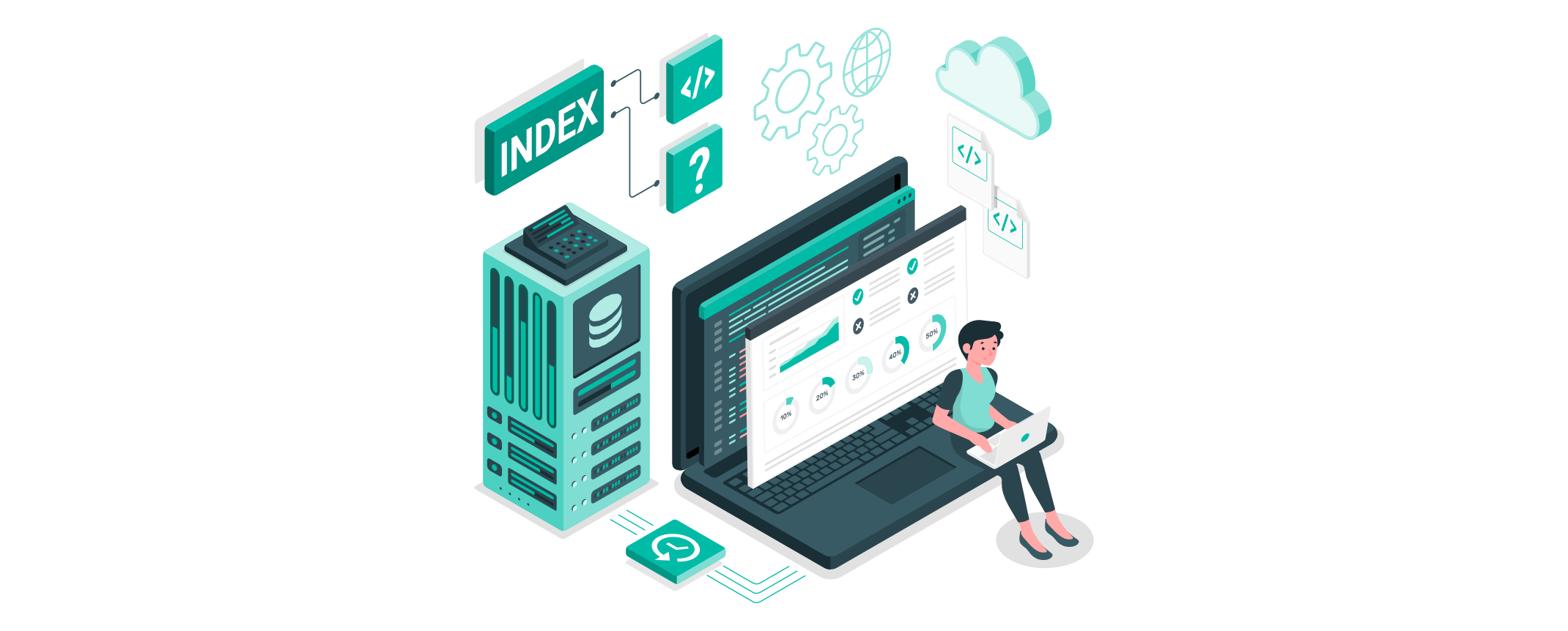 Person sitzt mit Laptop vor einem großen Monitor und Server, umgeben von Symbolen für Index, Cloud, Code und Zahnräder, während auf dem Bildschirm Datenanalyse und Statistiken angezeigt werden.