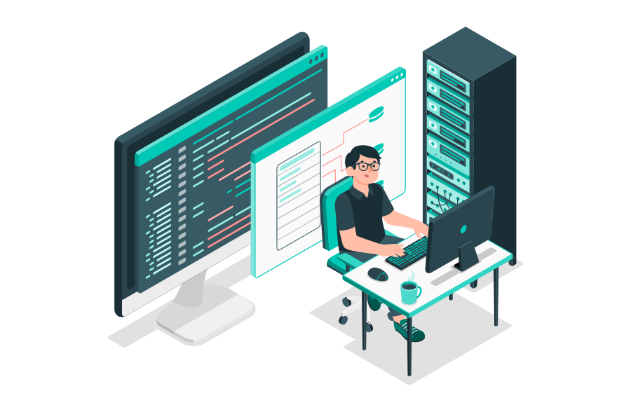 Entwickler sitzt am Schreibtisch vor mehreren Monitoren mit Code und Datenbankdiagrammen, daneben ein Serverrack – Symbol für Datenbankpartitionierung und Performanceoptimierung.