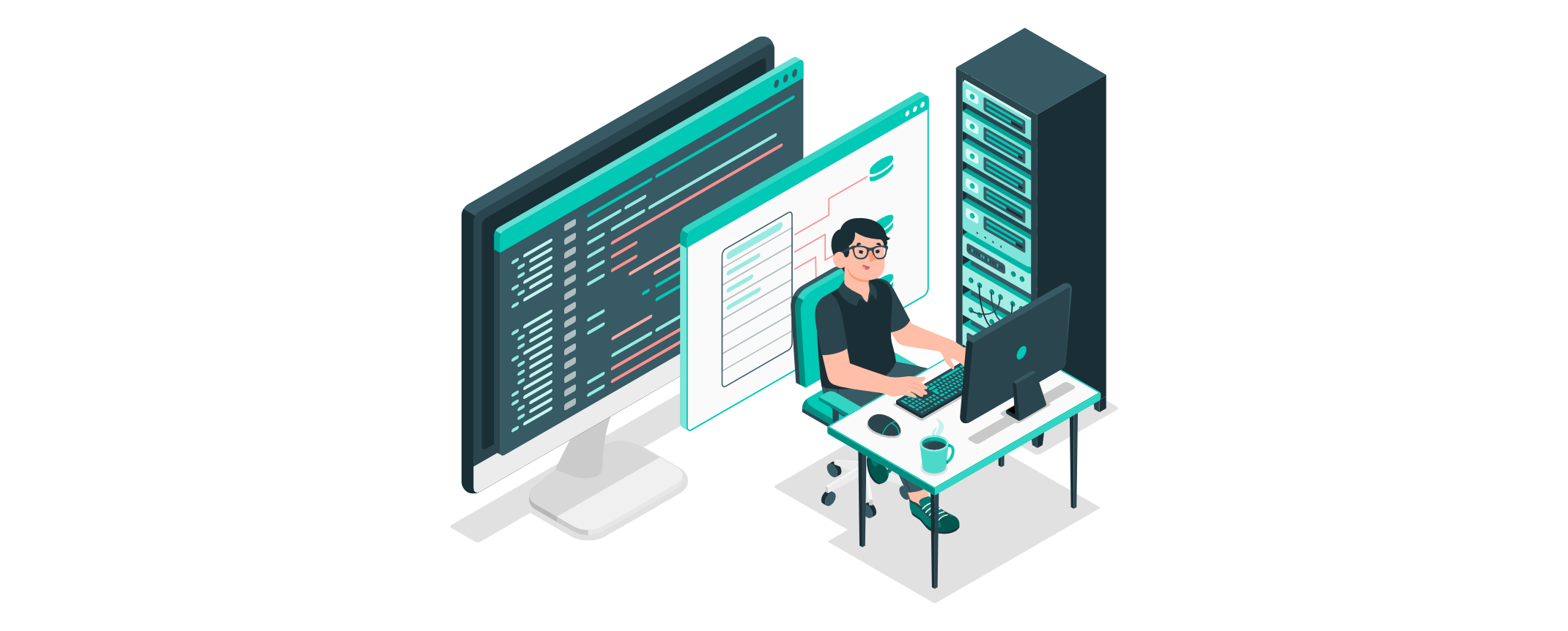 Entwickler sitzt am Schreibtisch vor mehreren Monitoren mit Code und Datenbankdiagrammen, daneben ein Serverrack – Symbol für Datenbankpartitionierung und Performanceoptimierung.
