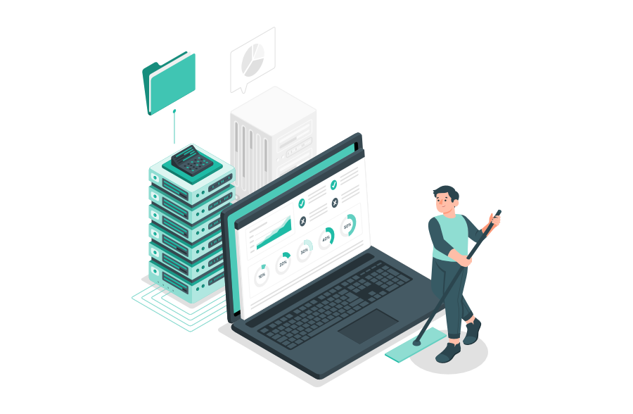Person bereinigt Daten auf einer zentralen Plattform; Server, Analysen und Dashboard stehen für strukturierte Datenpflege als Grundlage verlässlicher und aussagekräftiger Informationen.