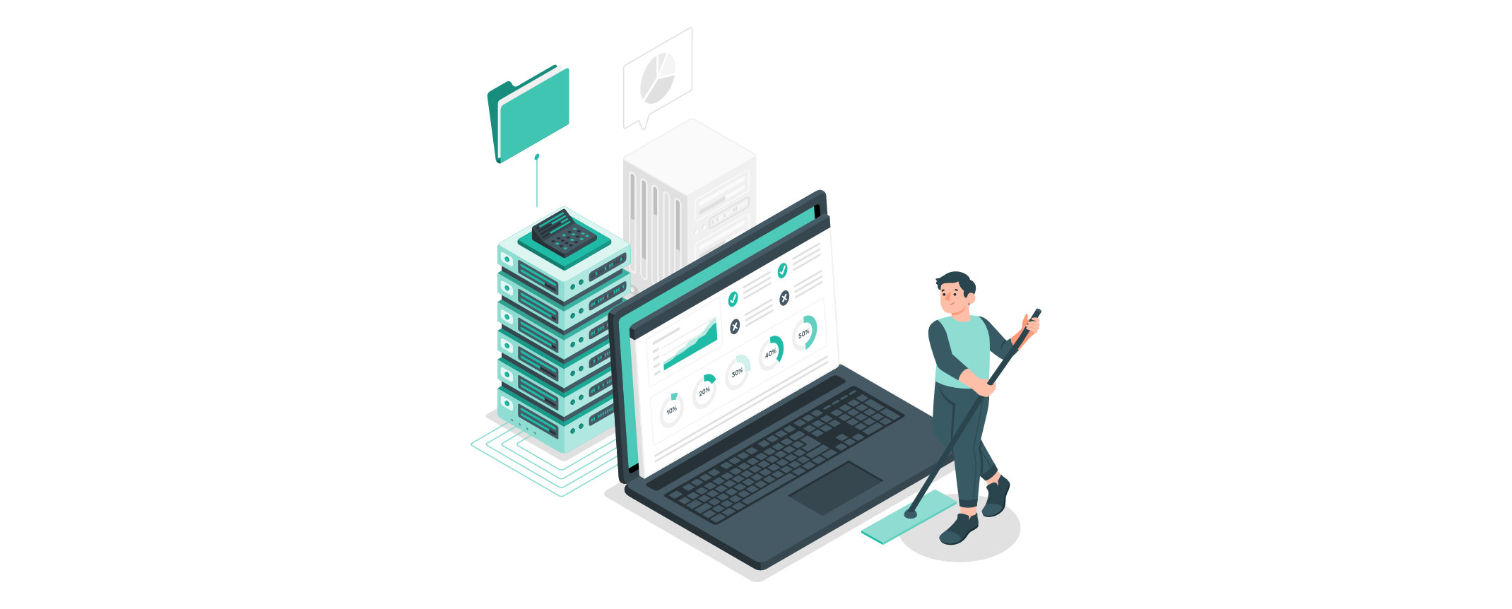 Person bereinigt Daten auf einer zentralen Plattform; Server, Analysen und Dashboard stehen für strukturierte Datenpflege als Grundlage verlässlicher und aussagekräftiger Informationen.