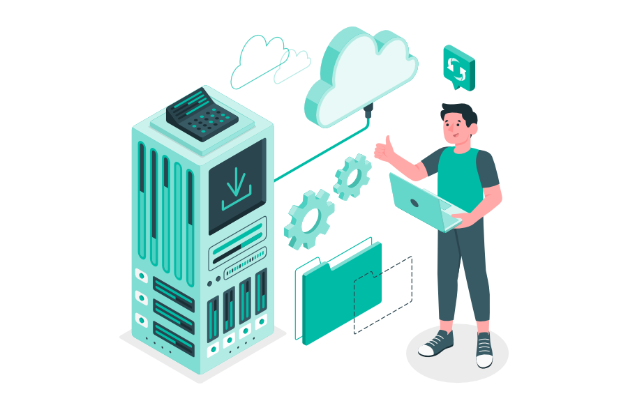 Isometrische Illustration eines Unternehmens, das strukturierte Daten aus einer geschlossenen Cloud-Anwendung über einen klaren Exportpfad in ein unabhängiges System überträgt. Ein IT-Verantwortlicher prüft Datenbank, Dokumente und Verknüpfungen.