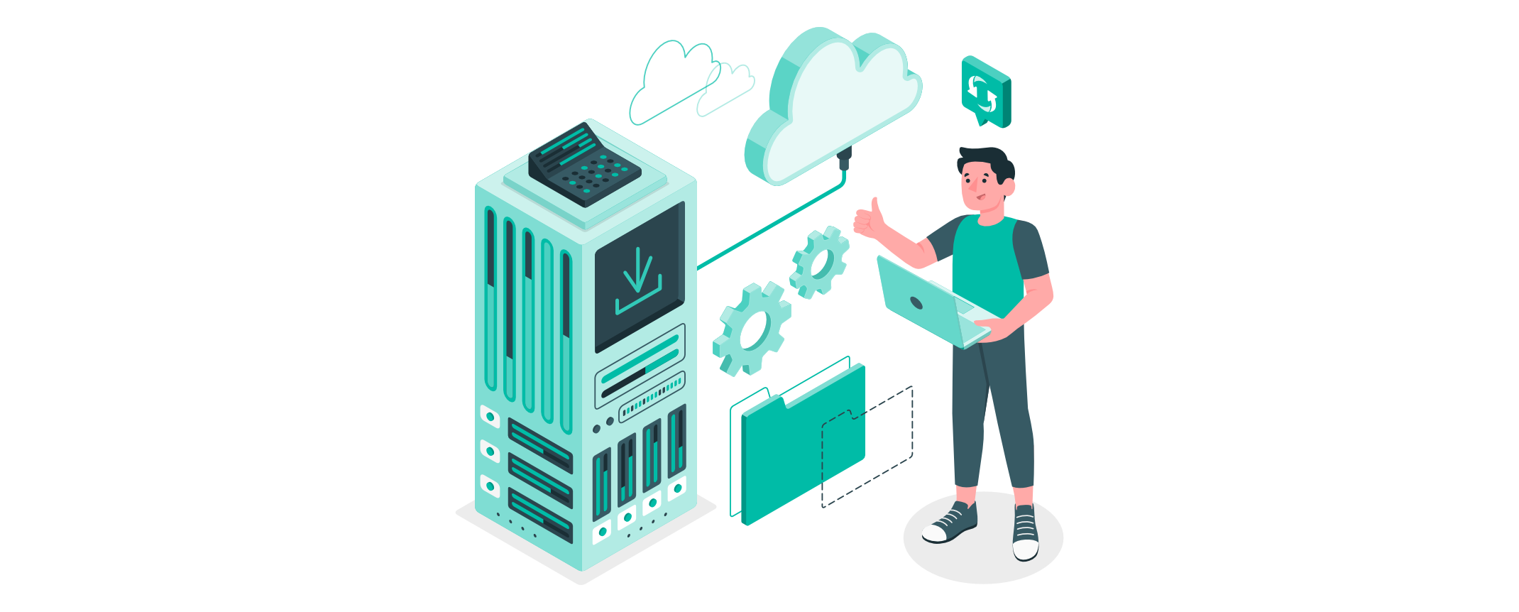 Isometrische Illustration eines Unternehmens, das strukturierte Daten aus einer geschlossenen Cloud-Anwendung über einen klaren Exportpfad in ein unabhängiges System überträgt. Ein IT-Verantwortlicher prüft Datenbank, Dokumente und Verknüpfungen.