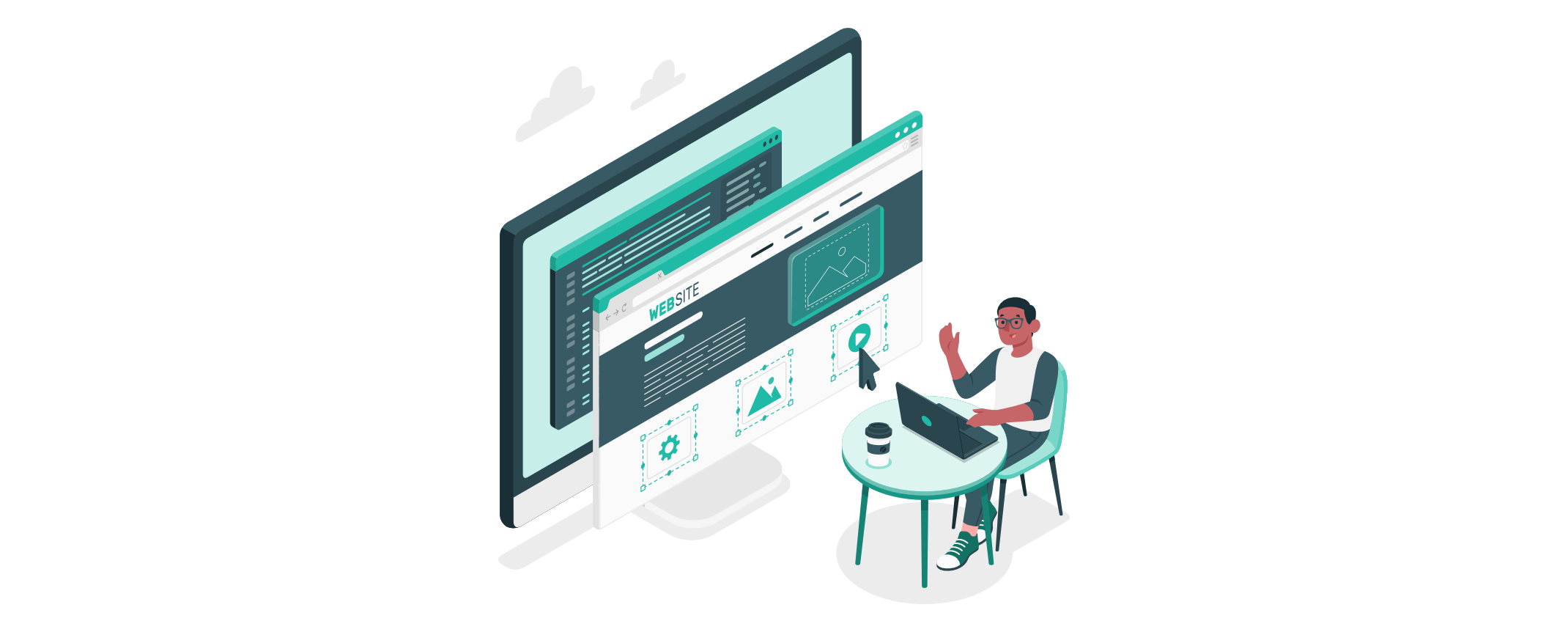 Mann sitzt am Laptop und gestaltet eine Website, die auf einem großen Bildschirm mit Code- und Designansicht dargestellt wird; Kaffeebecher und Wolken im Hintergrund.
