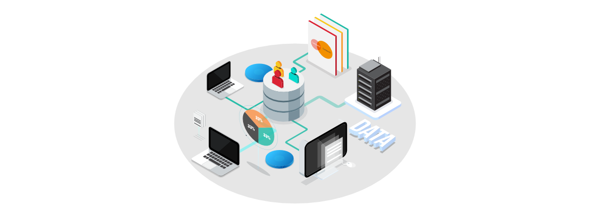 Darstellung von Datenbanken, Geräten und Dokumenten, die miteinander verbunden sind; symbolisiert effiziente und kostengünstige Datenbankentwicklung und Datenmanagement in Unternehmen.