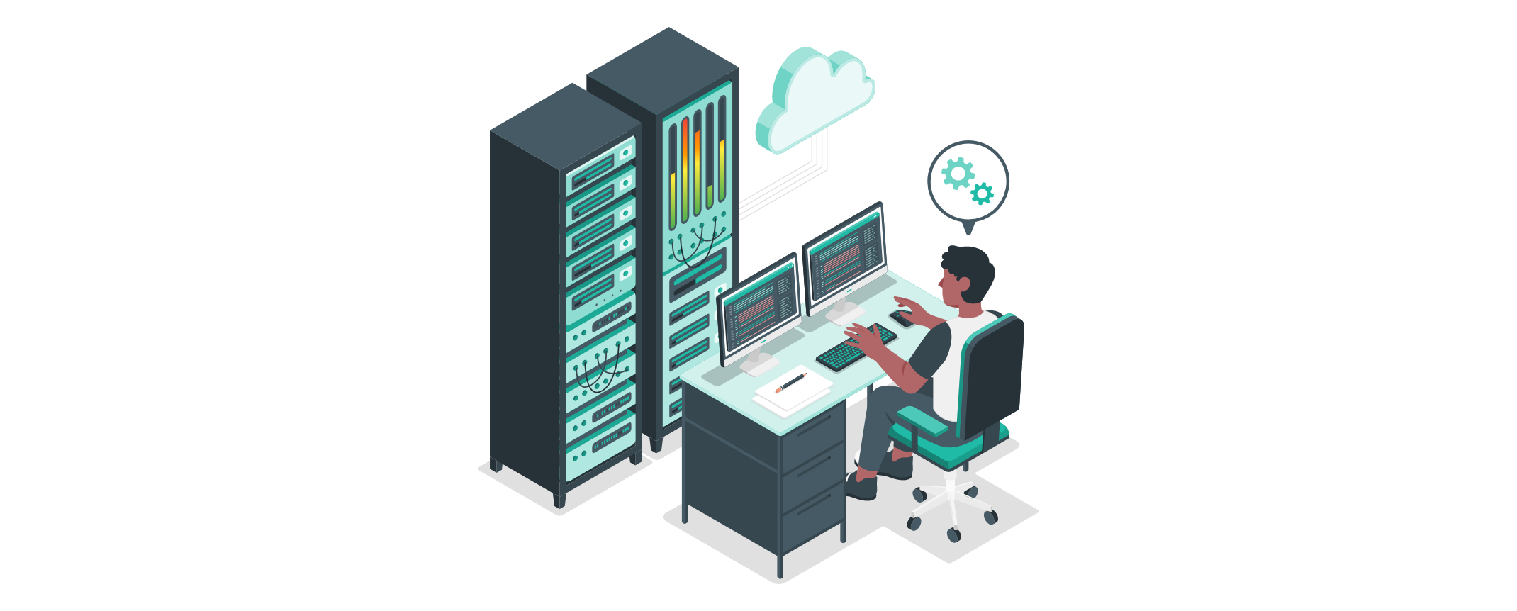Ein IT-Administrator arbeitet an zwei Monitoren, verbunden mit Servern und einer Cloud, während er über Optimierung nachdenkt.