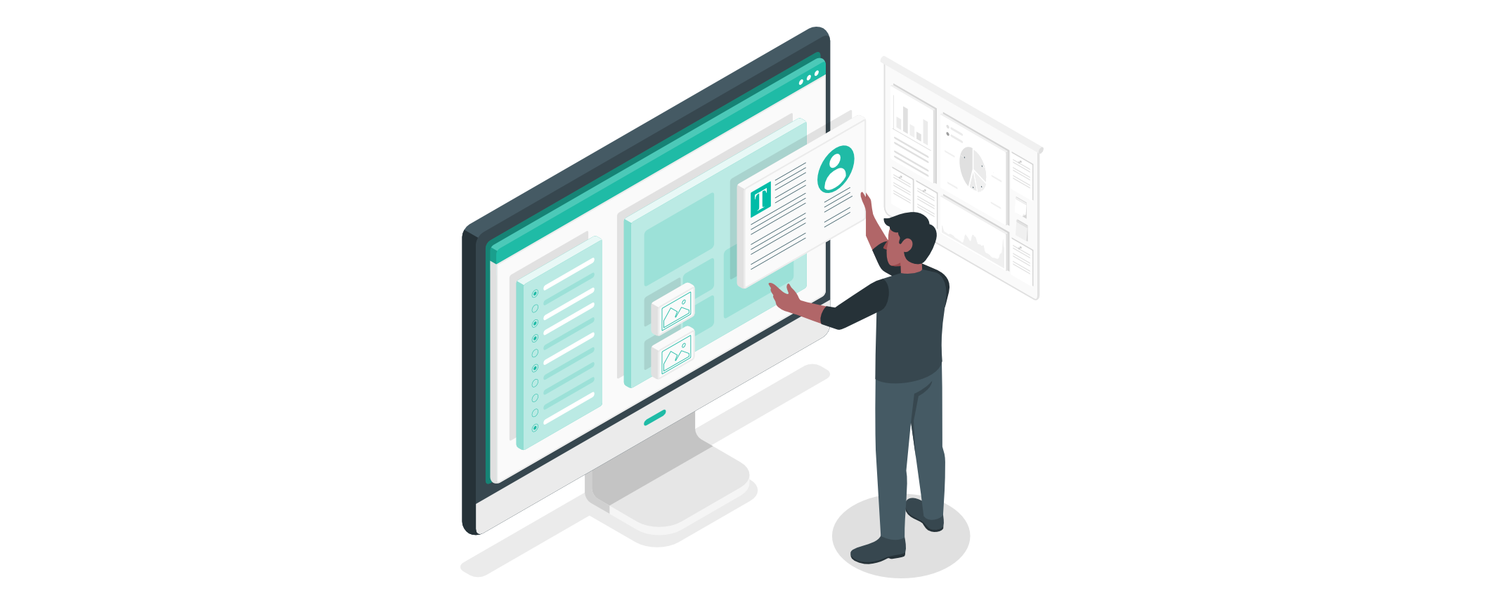 Person integriert fremde Inhalte wie Texte, Bilder und Nutzerdaten in eine Unternehmenswebsite; ein Analyse-Dashboard zeigt die Verwaltung und Kontrolle der Inhalte.