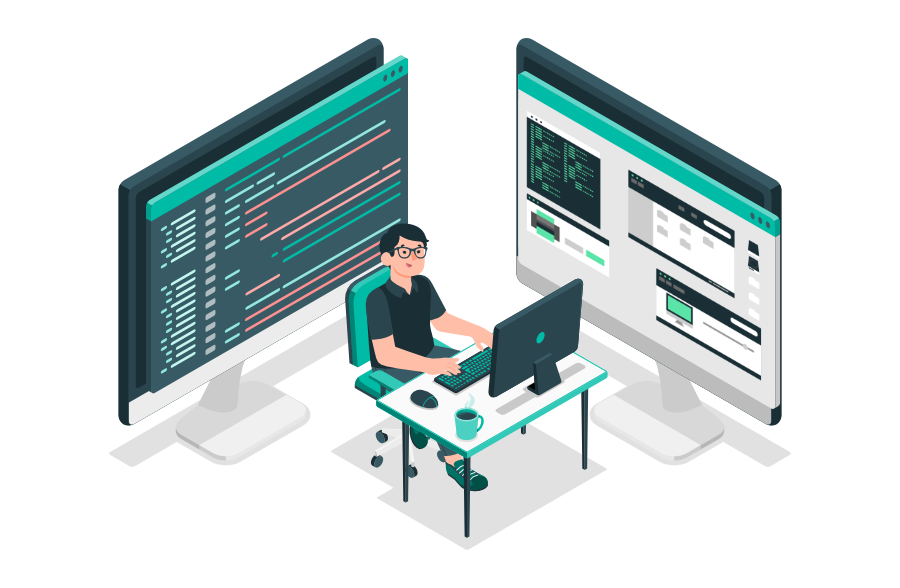 Entwickler sitzt vor drei Monitoren mit Code und UI-Designs – Darstellung individueller PHP-Lösungen mit Symfony für Unternehmen.