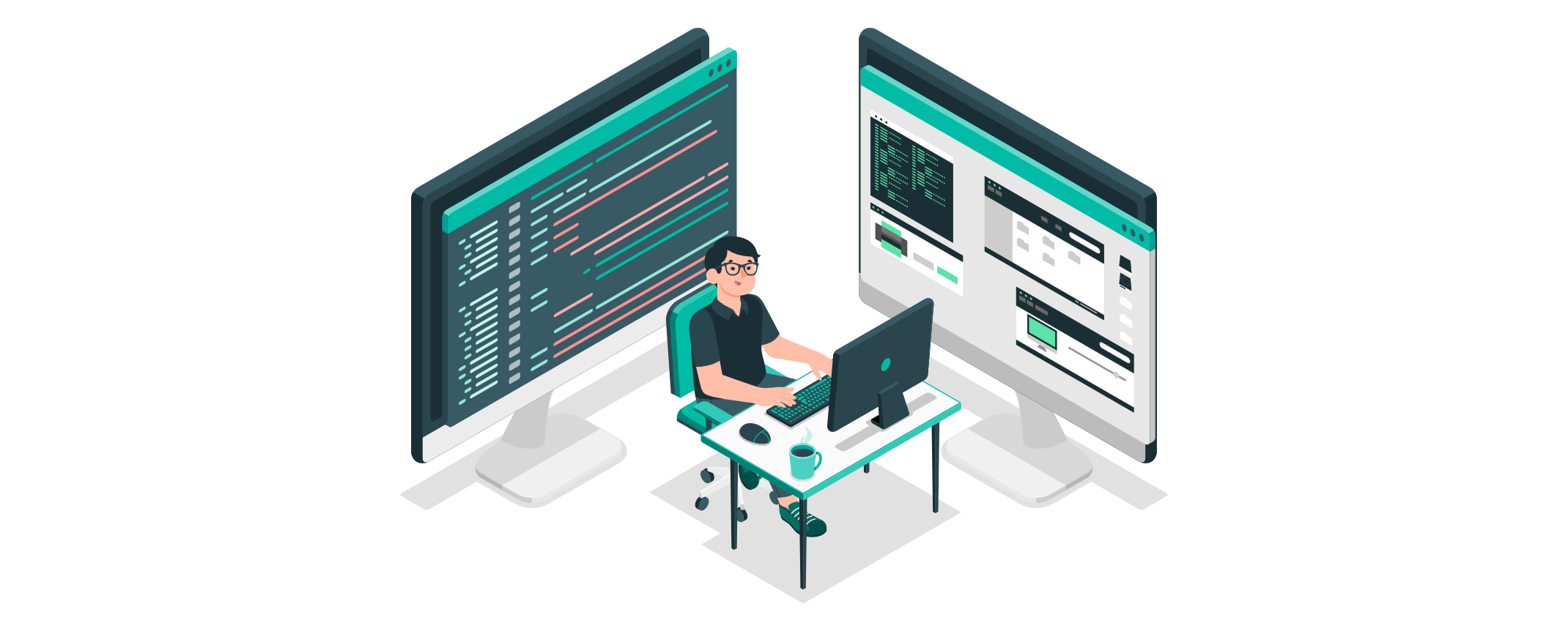 Entwickler sitzt vor drei Monitoren mit Code und UI-Designs – Darstellung individueller PHP-Lösungen mit Symfony für Unternehmen.