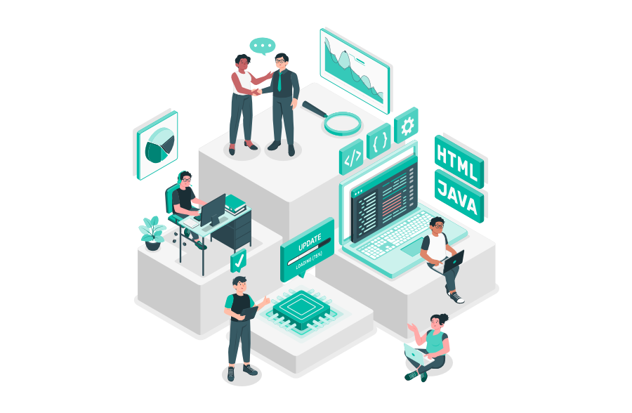 Mehrere Personen arbeiten an Software, Datenanalyse und Systemverwaltung; Diagramme, Code und Update-Symbole veranschaulichen strategisches IT-Service-Management.