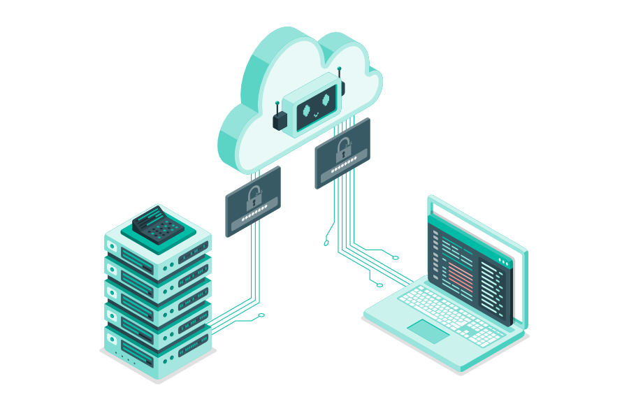 API verbindet Server und Anwendung über geschützte Schnittstellen; Schloss-Symbole stehen für Authentifizierung und die sichere Anbindung von KI-Agenten.