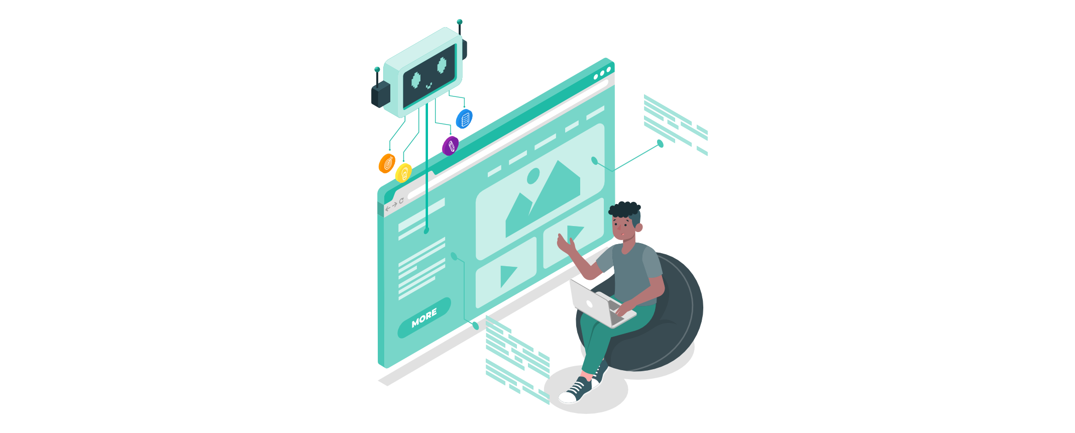 Person arbeitet am Laptop vor einer Website, die von einer KI unterstützt wird; ein Chatbot, Datenflüsse und Interface-Elemente visualisieren KI-gestützte Webentwicklung.