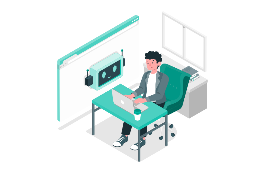 Mann sitzt am Schreibtisch mit Laptop, auf dem Bildschirm erscheint ein freundlicher Chatbot mit Gesicht – Symbol für den Einsatz von KI in der Kundenkommunikation.