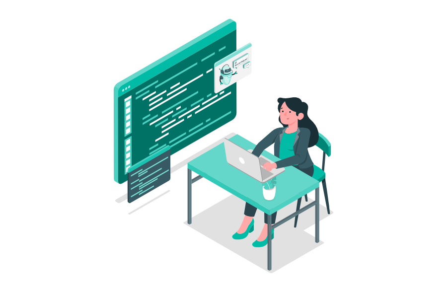 Illustration einer Content-Redakteurin am Laptop, die auf einem großen Bildschirm einen KI-Chatbot und dessen Kennzeichnung prüft.