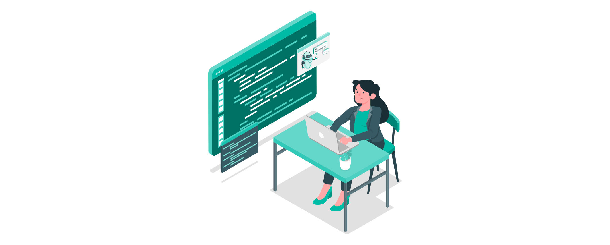 Illustration einer Content-Redakteurin am Laptop, die auf einem großen Bildschirm einen KI-Chatbot und dessen Kennzeichnung prüft.