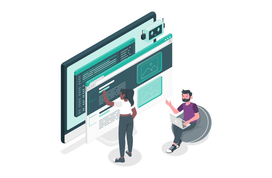Zwei Entwickler arbeiten an einer großen Weboberfläche mit Code, Diagrammen und UI-Panels. Eine Person gestaltet das Layout am Bildschirm, die andere analysiert Daten mit einem Laptop.