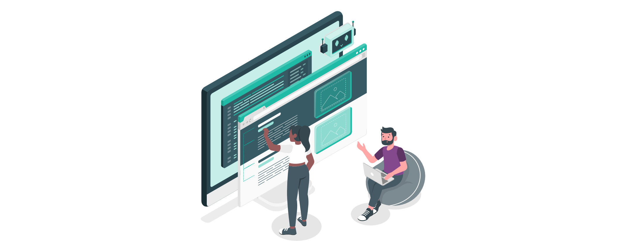 Zwei Entwickler arbeiten an einer großen Weboberfläche mit Code, Diagrammen und UI-Panels. Eine Person gestaltet das Layout am Bildschirm, die andere analysiert Daten mit einem Laptop.