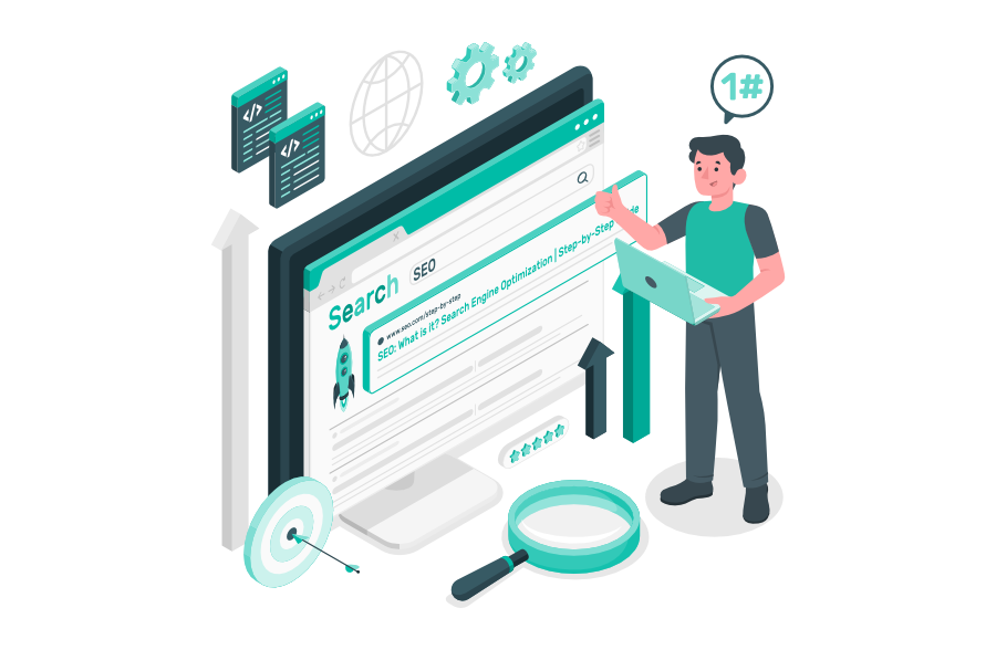 Person optimiert eine Website für SEO; Monitor zeigt Suchergebnisse, Pfeile und Zielscheibe symbolisieren bessere Sichtbarkeit, Lupe und Zahnräder stehen für Analyse und Strukturierung.