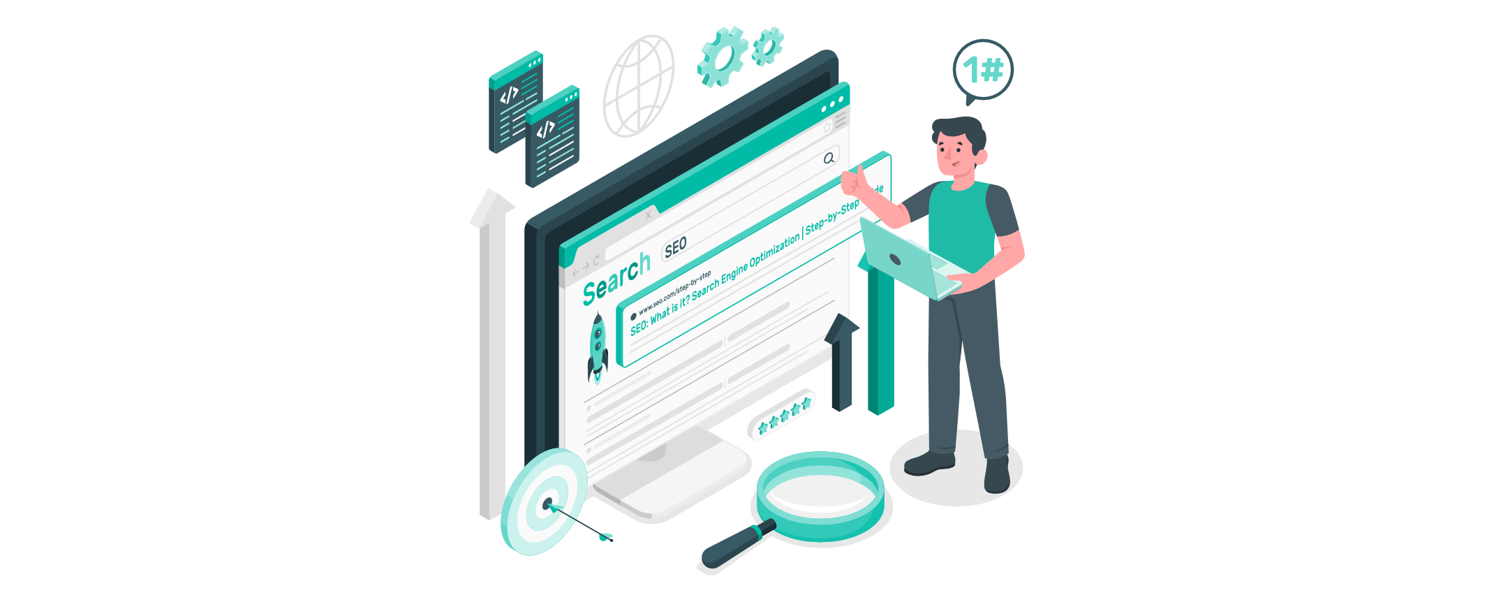 Person optimiert eine Website für SEO; Monitor zeigt Suchergebnisse, Pfeile und Zielscheibe symbolisieren bessere Sichtbarkeit, Lupe und Zahnräder stehen für Analyse und Strukturierung.