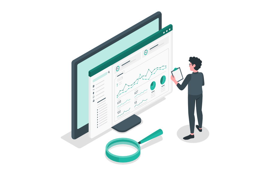 Person analysiert ein Dashboard mit Linien- und Kreisdiagrammen zur Messung der KI-Sichtbarkeit; eine Lupe symbolisiert die Auswertung und Überwachung der Ergebnisse.