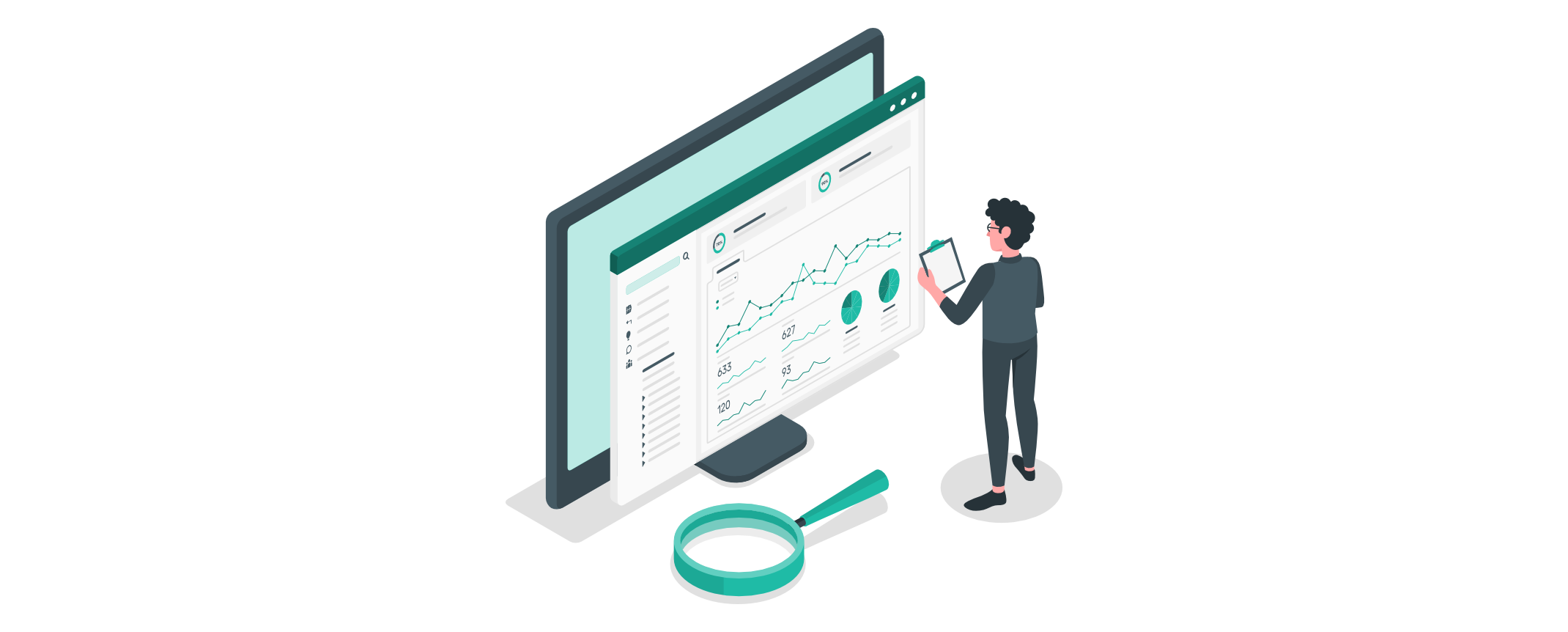 Person analysiert ein Dashboard mit Linien- und Kreisdiagrammen zur Messung der KI-Sichtbarkeit; eine Lupe symbolisiert die Auswertung und Überwachung der Ergebnisse.