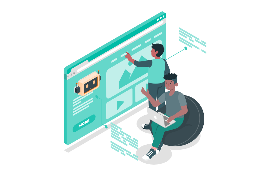 Zwei Personen arbeiten gemeinsam an einer KI-gestützten Website; automatisierte Inhalte, Code und digitale Assistenten symbolisieren den Wandel moderner Webentwicklung.