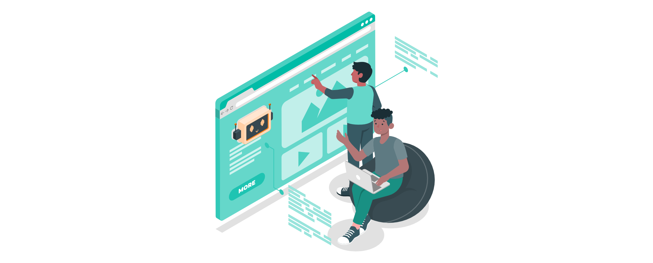 Zwei Personen arbeiten gemeinsam an einer KI-gestützten Website; automatisierte Inhalte, Code und digitale Assistenten symbolisieren den Wandel moderner Webentwicklung.
